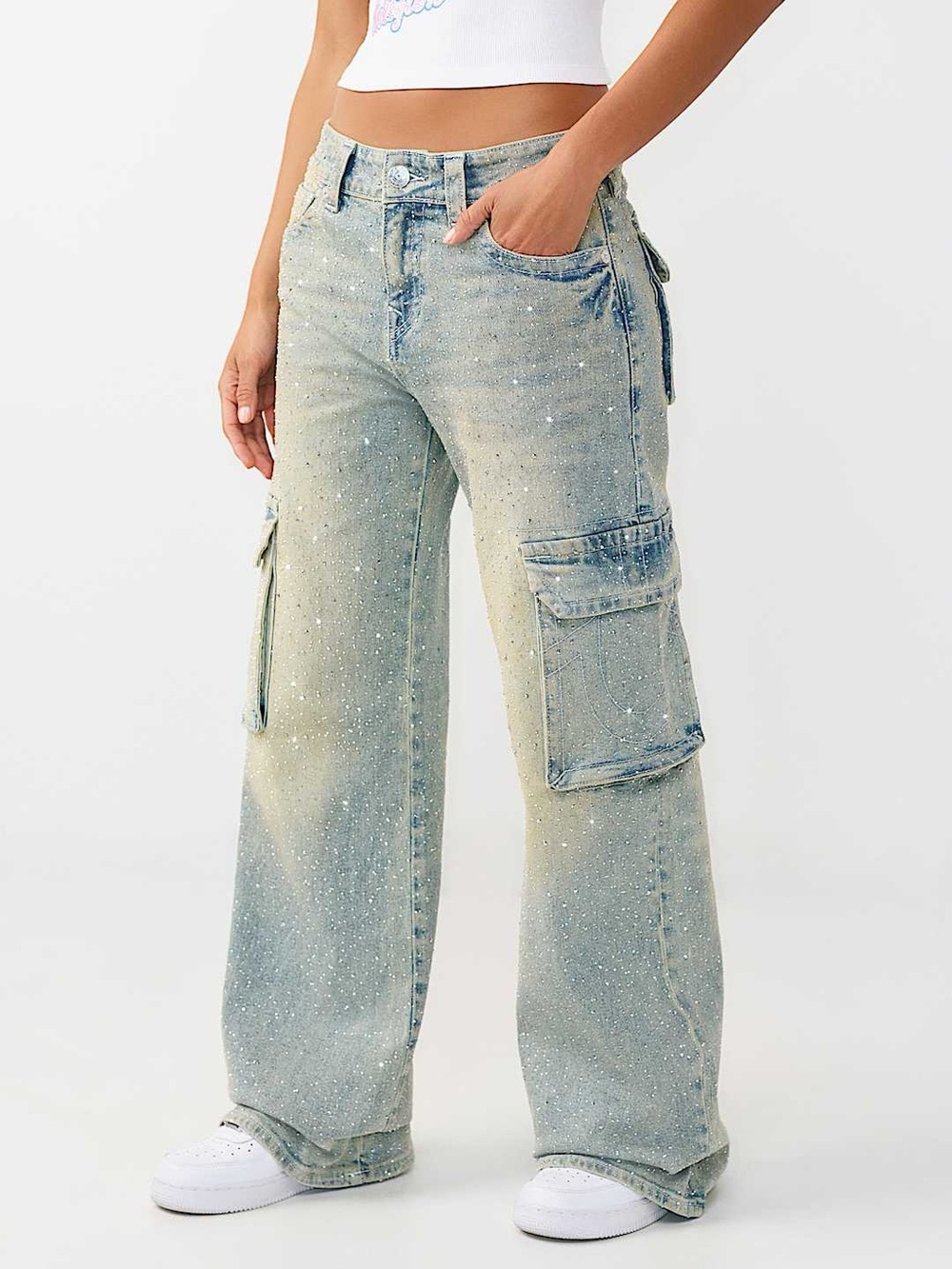 True Religion Bobbi Mid Rise Crystal Flap Baggy Cargo Jean - Picture 6 of 16